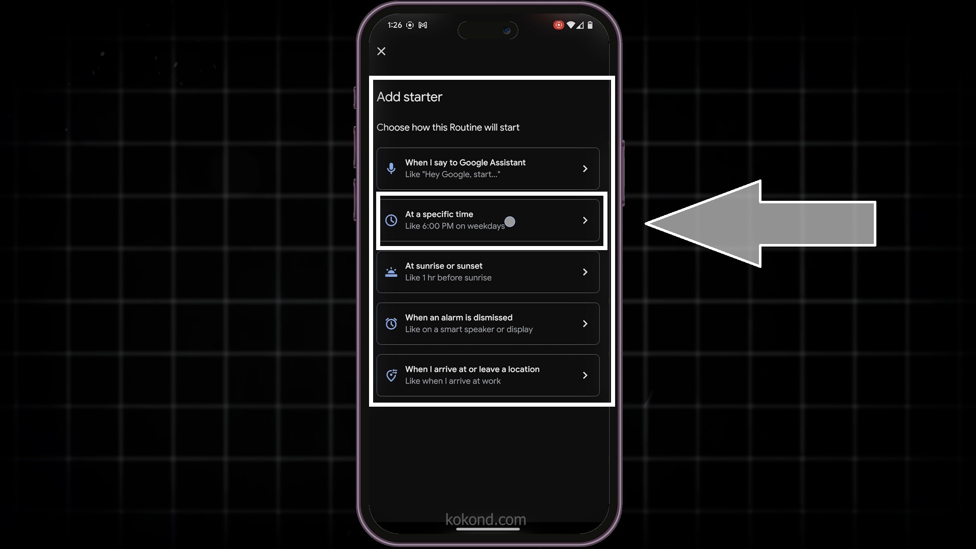 Method 2: Step 5: Add a specific time to  the starter. You will have five options available. Choose the routine and the specifications of the routine as per your preference. 