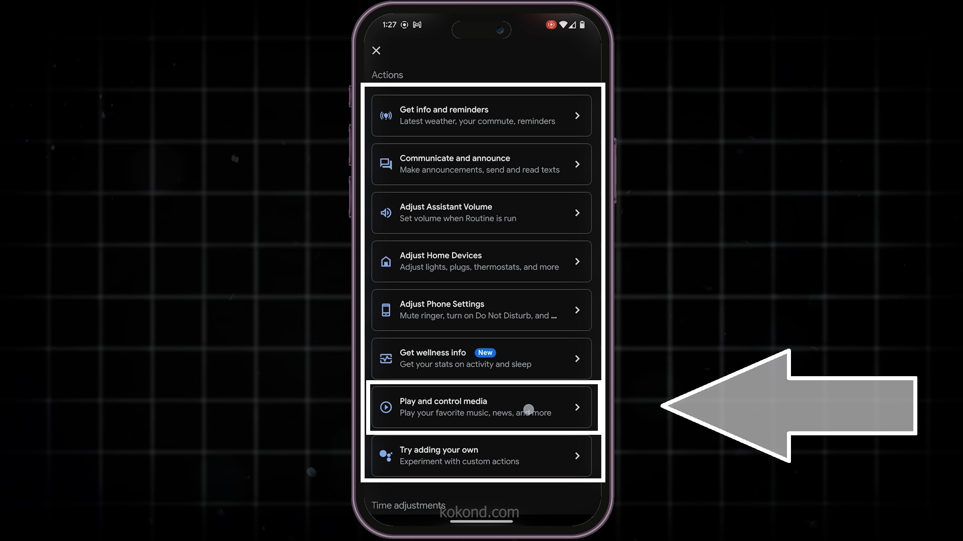 Method 2: Add Automations using Google Home App
Step 6: Add an Action

Choose what action should be performed when the alarm rings, such as play and control media