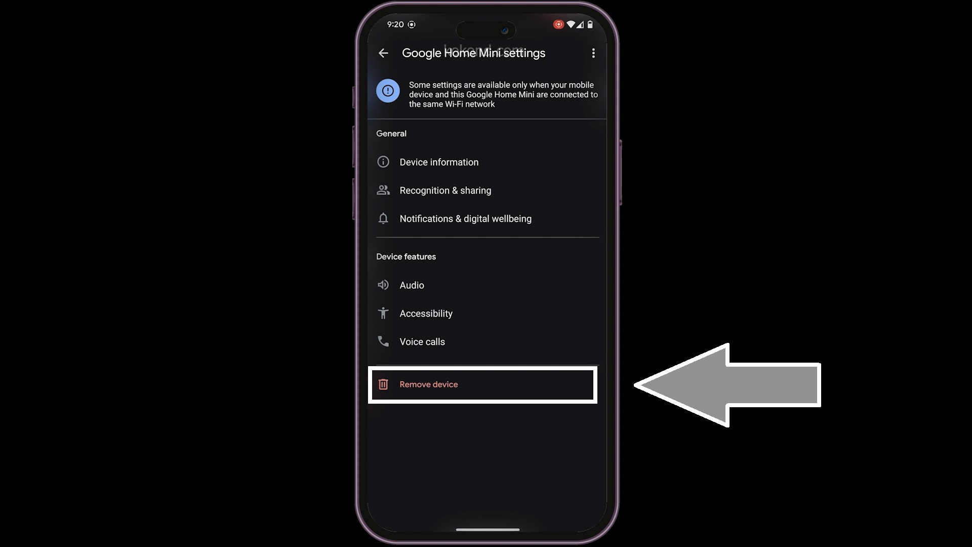 Under the settings menu of your Google Nest Mini, look for the "Remove Device" option. It is usually the last option in the menu. 

Select the "remove device" option to remove your device from your account.